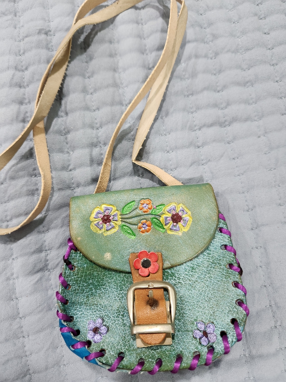 Handcrafted Green Floral Crossbody Bag Coin Bag Vintage